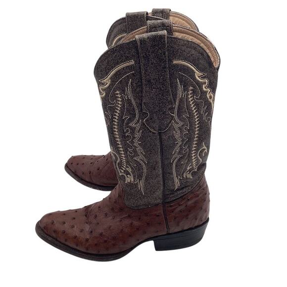 Men's Brown Ostrich Skin Western Boots Square Toe Mid-Calf - Picture 3 of 11